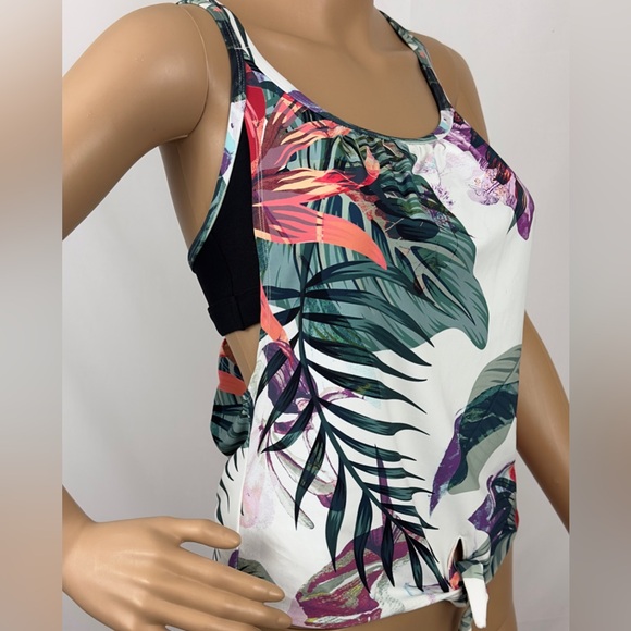 CALIA Tropical Print Scoop Neck Layered Tankini Top Built in Black Shelf Bra XS - Picture 2 of 10